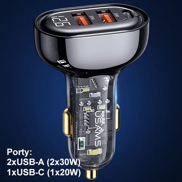 Ładowarka samochodowa USAMS CC159CC02 2xUSB+1XUSB-C 80W Niebieski