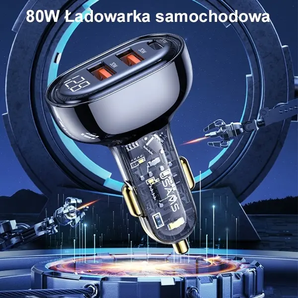 Ładowarka samochodowa USAMS CC159CC02 2xUSB+1XUSB-C 80W Niebieski
