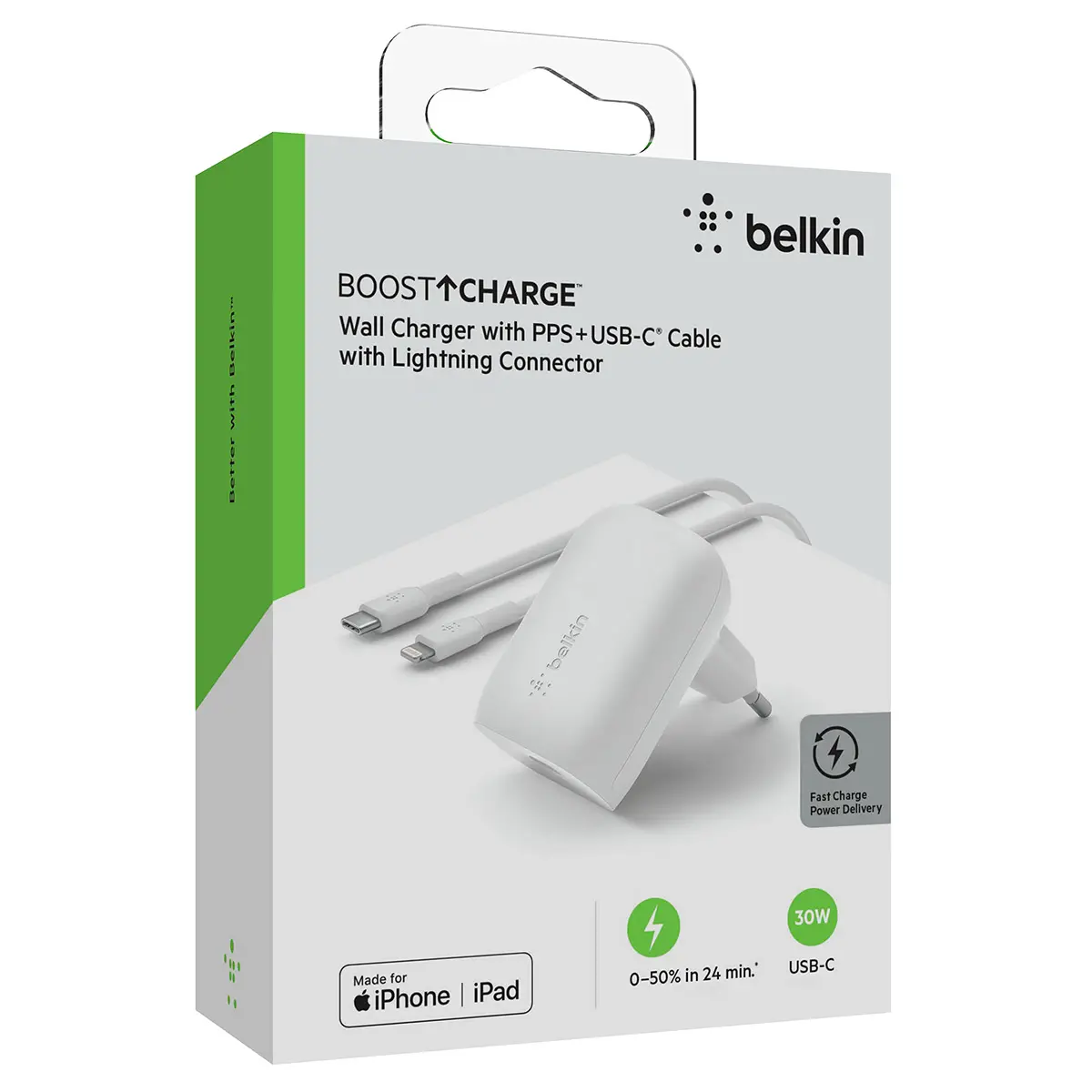 Ładowarka sieciowa Belkin 30W USB-C PD PPS Biały + kabel Lightning