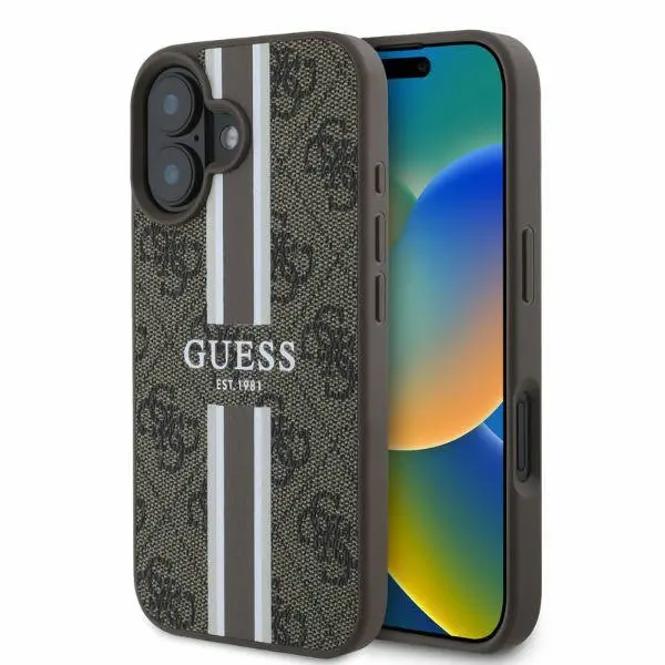 Etui Guess 4G Printed Stripes MagSafe do iPhone 16 Brązowy