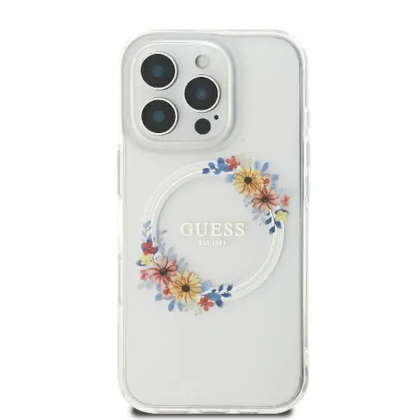 Etui Guess hardcase IML Flowers Wreath MagSafe do iPhone 16 Pro Max
