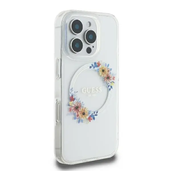 Etui Guess hardcase IML Flowers Wreath MagSafe do iPhone 16 Pro Max