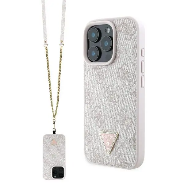 Etui Guess Leather Metal Logo Strass Crossbody do iPhone 16 Pro Max Różowy