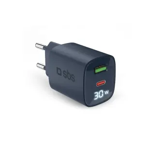Ładowarka sieciowa SBS LCD GaN PD30W USB-C USB-A Niebieski