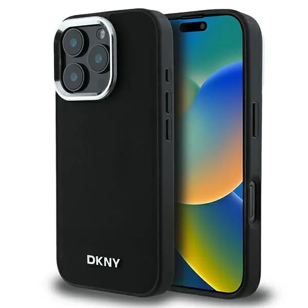 Etui DKNY Plain Silver Logo MagSafe do iPhone 16 Pro Czarny