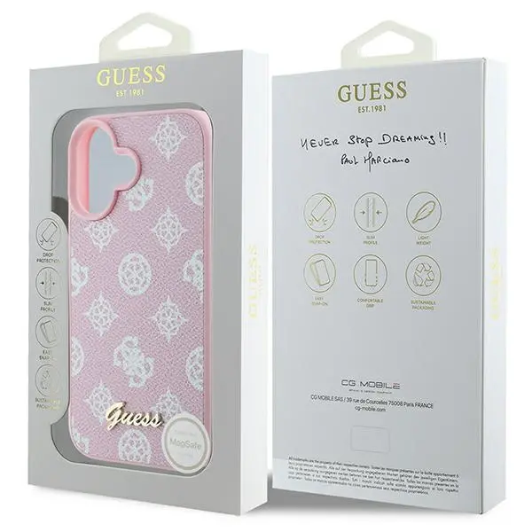 Etui Guess Peony Script Logo MagSafe do iPhone 16 Plus Różowy