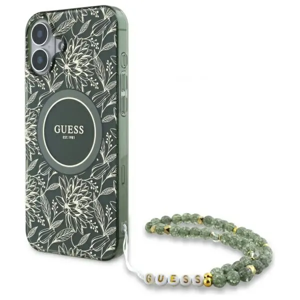 Etui Guess IML Flowers Allover Electro With Pearl Strap MagSafe do iPhone 16 Plus Zielony