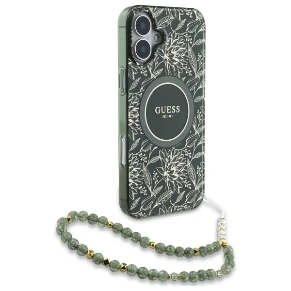 Etui Guess IML Flowers Allover Electro With Pearl Strap MagSafe do iPhone 16 Plus Zielony