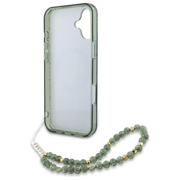 Etui Guess IML Flowers Allover Electro With Pearl Strap MagSafe do iPhone 16 Plus Zielony