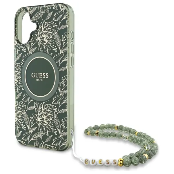 Etui Guess IML Flowers Allover Electro With Pearl Strap MagSafe do iPhone 16 Plus Zielony
