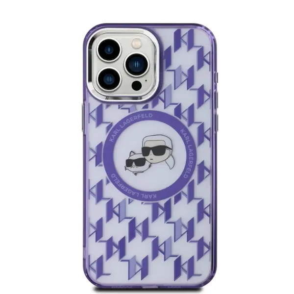 Etui Karl Lagerfeld IML Monogram Karl&Choupette Head MagSafe do iPhone 15 Pro Max Fioletowy