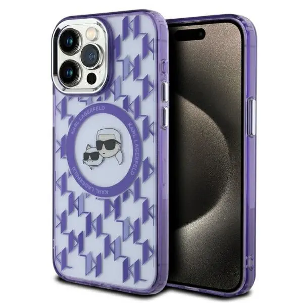 Etui Karl Lagerfeld IML Monogram Karl&Choupette Head MagSafe do iPhone 15 Pro Max Fioletowy