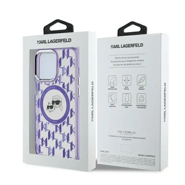 Etui Karl Lagerfeld IML Monogram Karl&Choupette Head MagSafe do iPhone 15 Pro Max Fioletowy