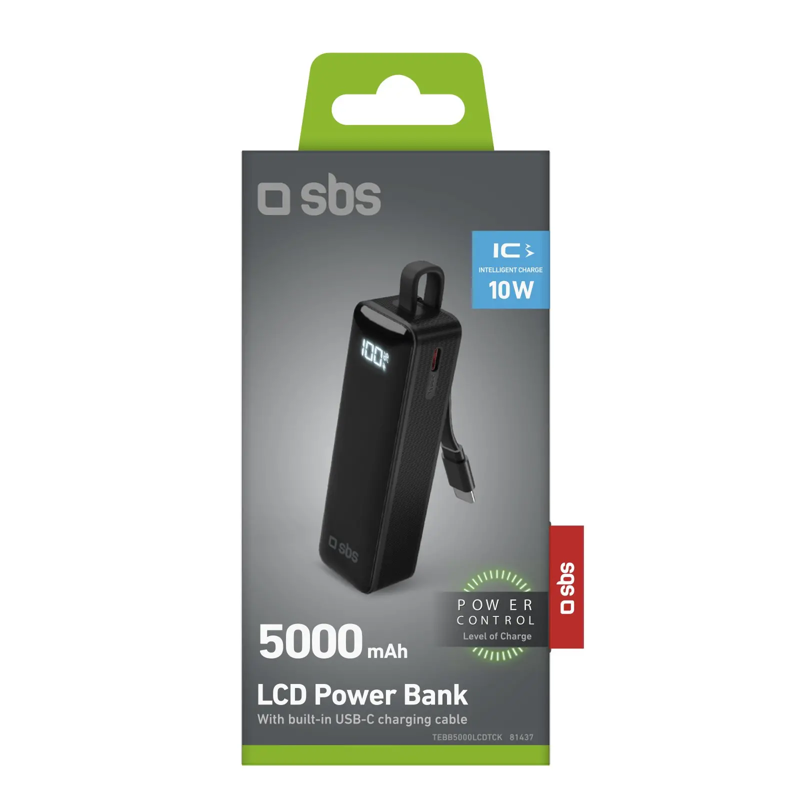 Powerbank SBS TEBB5000LCDTCK 5000mAh 10W Wbudowany kabel USB-C Czarny
