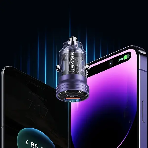 Ładowarka samochodowa USAMS USB+USB-C 45W Fast Charge Fioletowy
