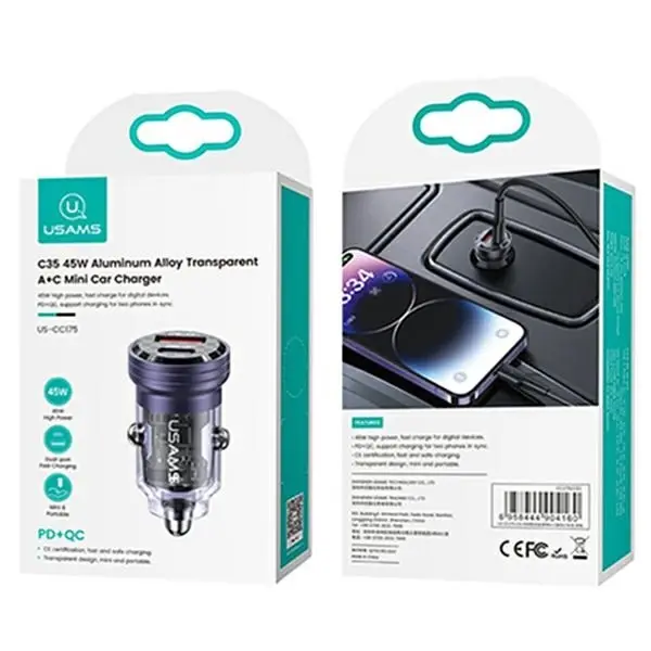 Ładowarka samochodowa USAMS USB+USB-C 45W Fast Charge Fioletowy