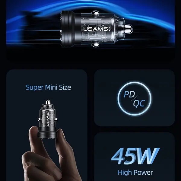 Ładowarka samochodowa USAMS USB+USB-C 45W Fast Charge Fioletowy