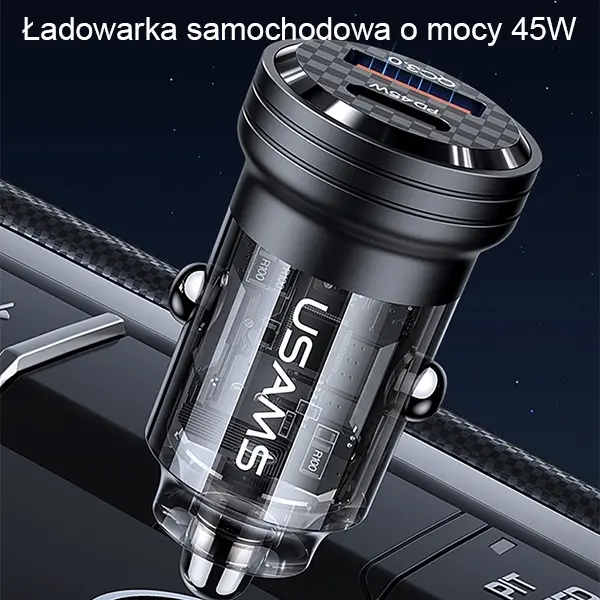 Ładowarka samochodowa USAMS USB+USB-C 45W Fast Charge Fioletowy