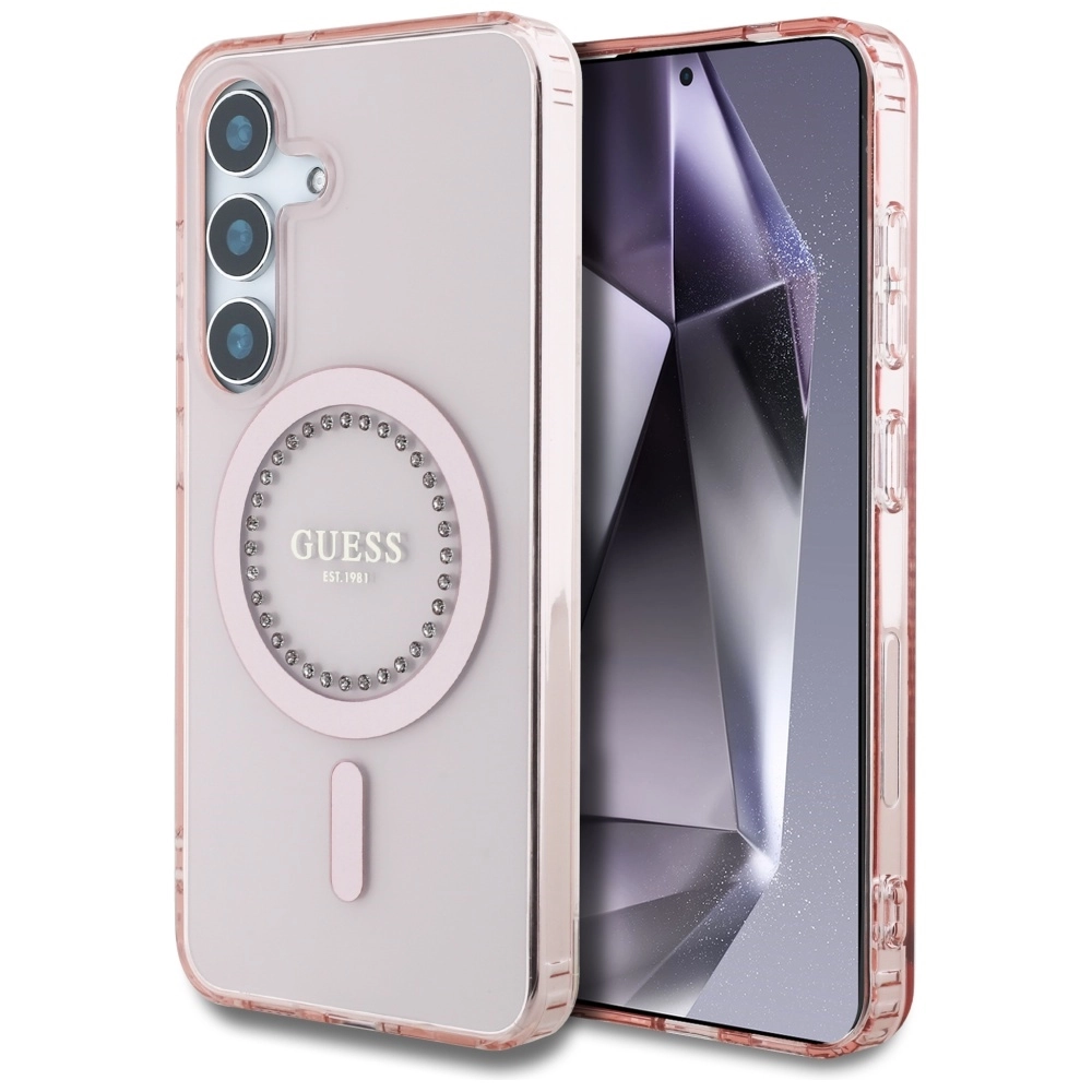 Etui Guess Rhinestones Printed Classic Logo MagSafe Galaxy S25 Różowy