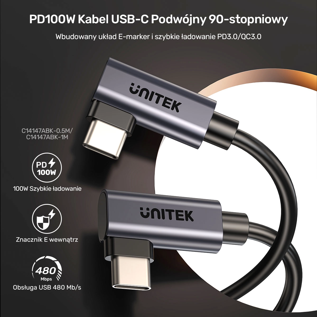 Kabel Unitek USB-C do USB-C PD 100W 1m Czarny