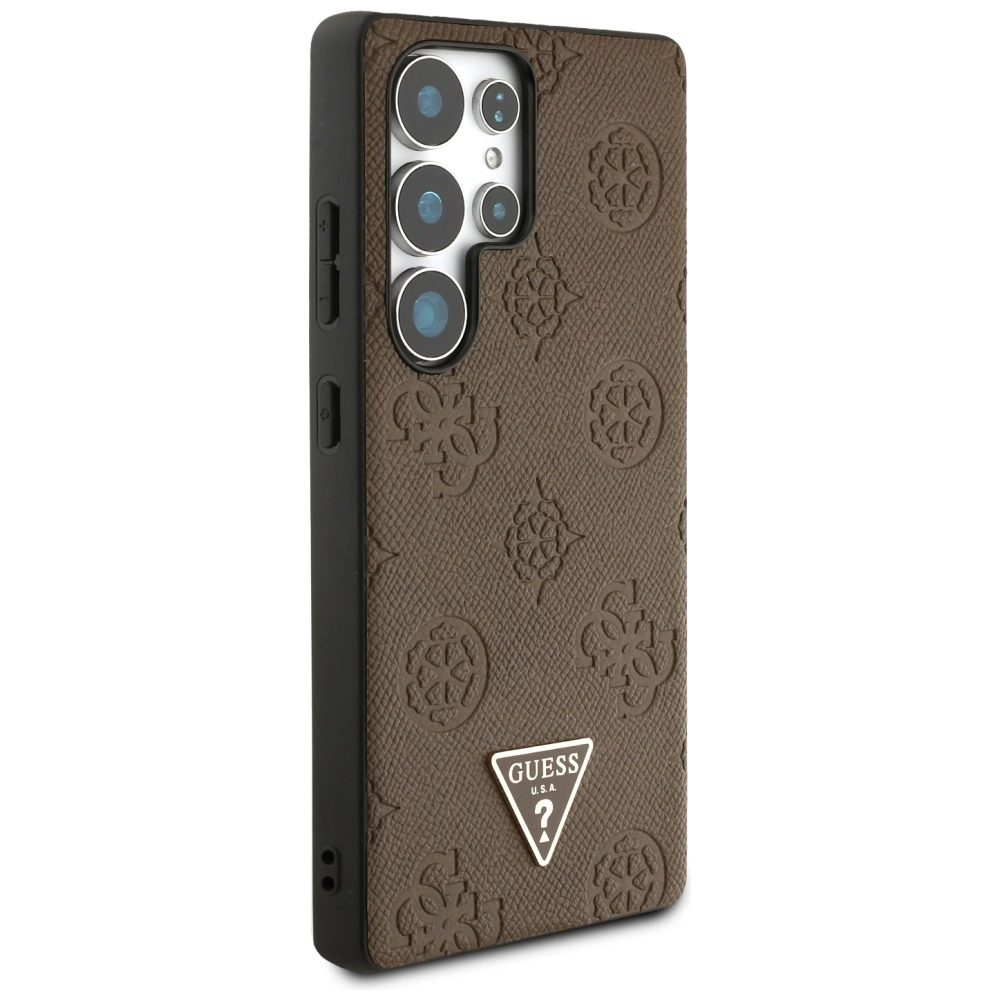 Etui Guess Grained Hot Stamp Peony Pattern Triangle Logo MagSafe do Galaxy S25 Ultra Brązowy