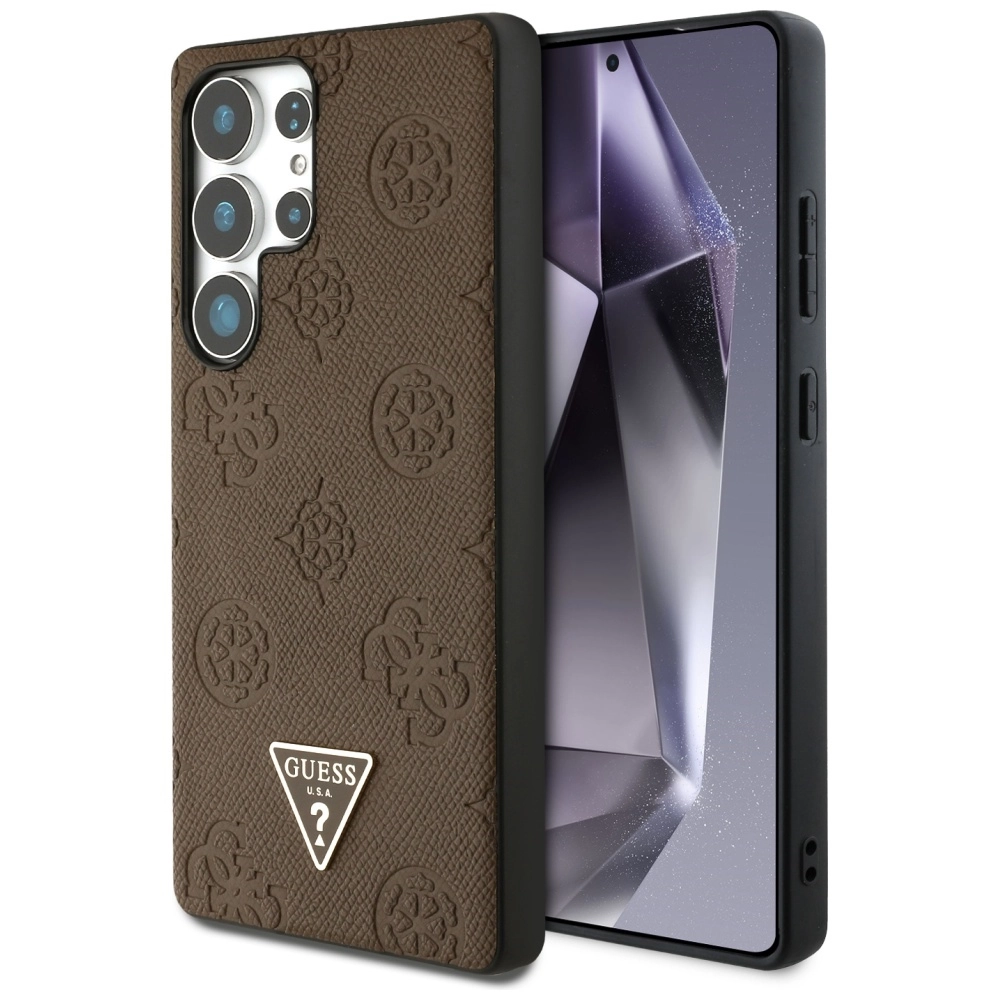 Etui Guess Grained Hot Stamp Peony Pattern Triangle Logo MagSafe do Galaxy S25 Ultra Brązowy