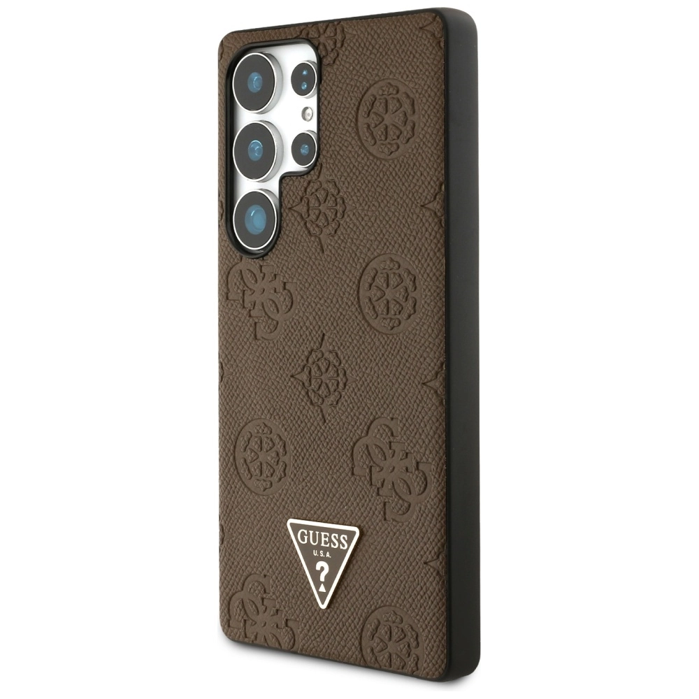 Etui Guess Grained Hot Stamp Peony Pattern Triangle Logo MagSafe do Galaxy S25 Ultra Brązowy