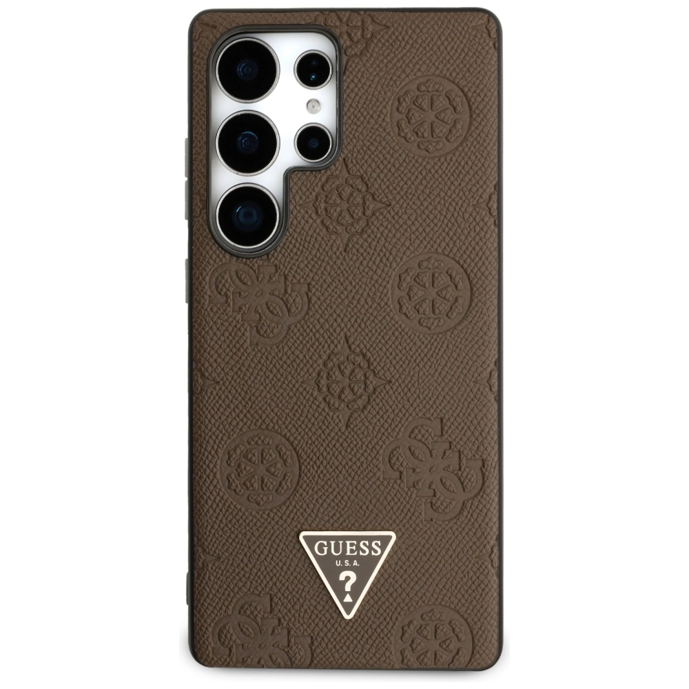 Etui Guess Grained Hot Stamp Peony Pattern Triangle Logo MagSafe do Galaxy S25 Ultra Brązowy