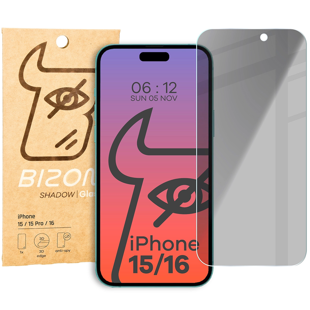Szkło hartowane Bizon prywatyzujące Clear Shadow do iPhone 16/15/15 Pro Przyciemniane
