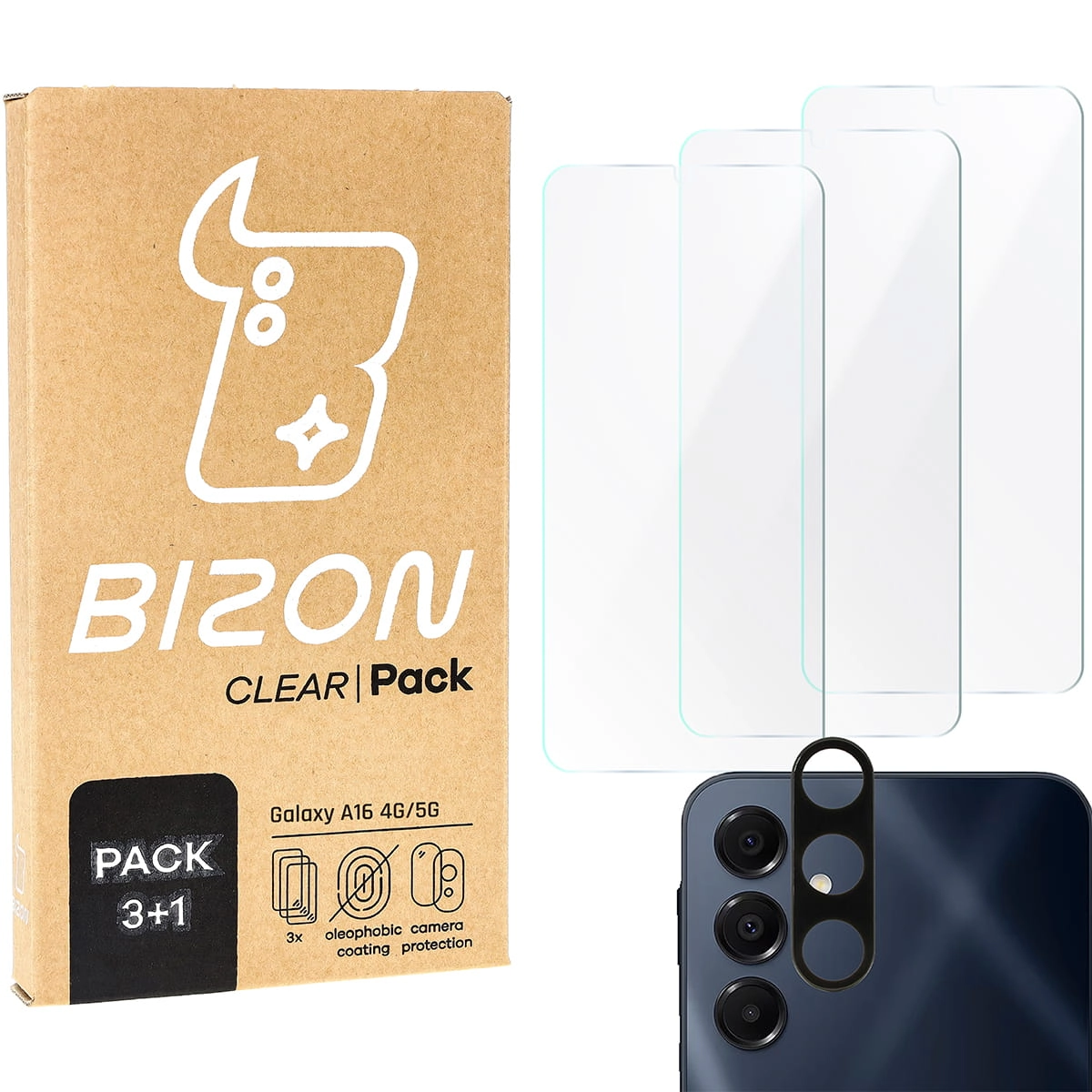 Zestaw ochronny Bizon 3x szkło hartowane + szybka na aparat Clear 2 Pack do Galaxy A16 4G/5G