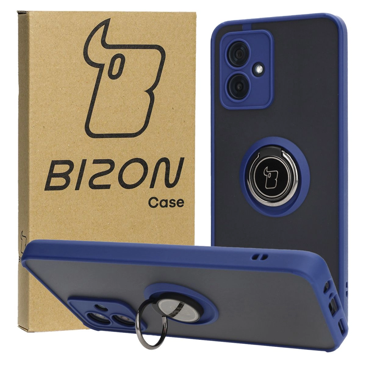 Etui Bizon z uchwytem na palec Hybrid Ring do Motorola Moto G54 5G/G54 Power Przydymione z granatową ramką