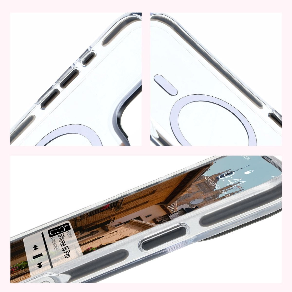 Etui Bizon Marco z MagSafe do iPhone 16 Pro Przezroczyste z czarną ramką