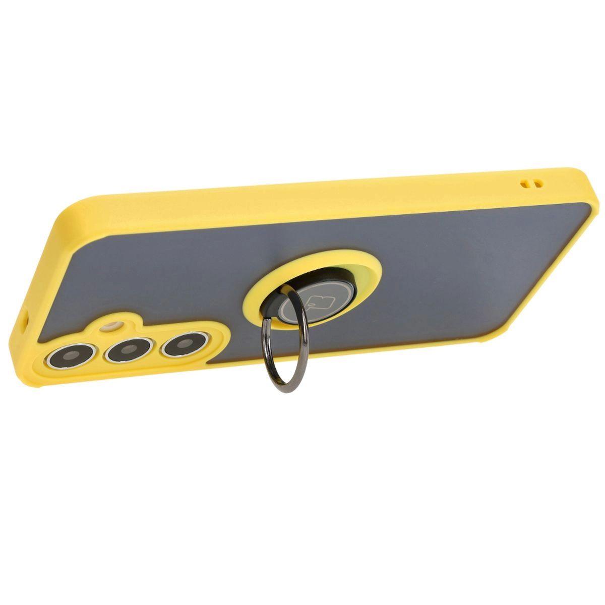 Etui Bizon z uchwytem na palec Hybrid Ring do Galaxy S25 Plus / S24 Plus Przydymione z żółtą ramką