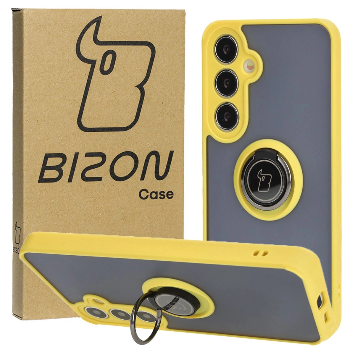 Etui Bizon z uchwytem na palec Hybrid Ring do Galaxy S25 Plus / S24 Plus Przydymione z żółtą ramką