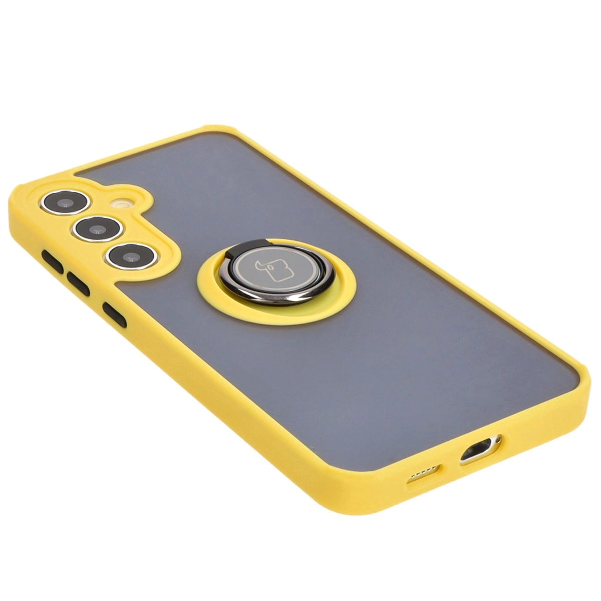 Etui Bizon z uchwytem na palec Hybrid Ring do Galaxy S25 Plus / S24 Plus Przydymione z żółtą ramką