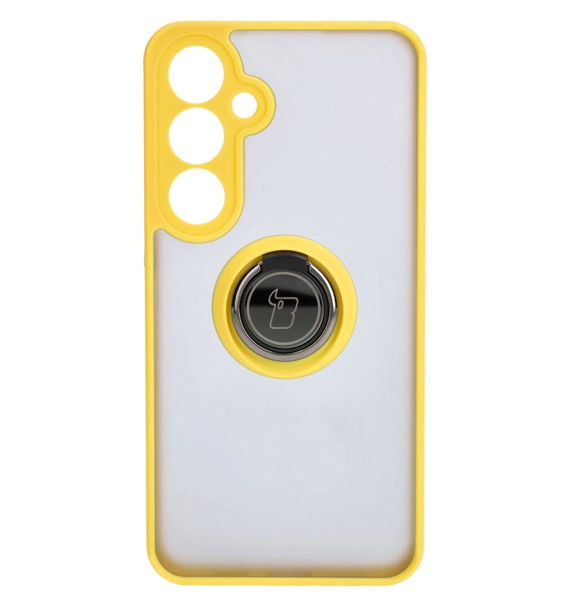Etui Bizon z uchwytem na palec Hybrid Ring do Galaxy S25 Plus / S24 Plus Przydymione z żółtą ramką