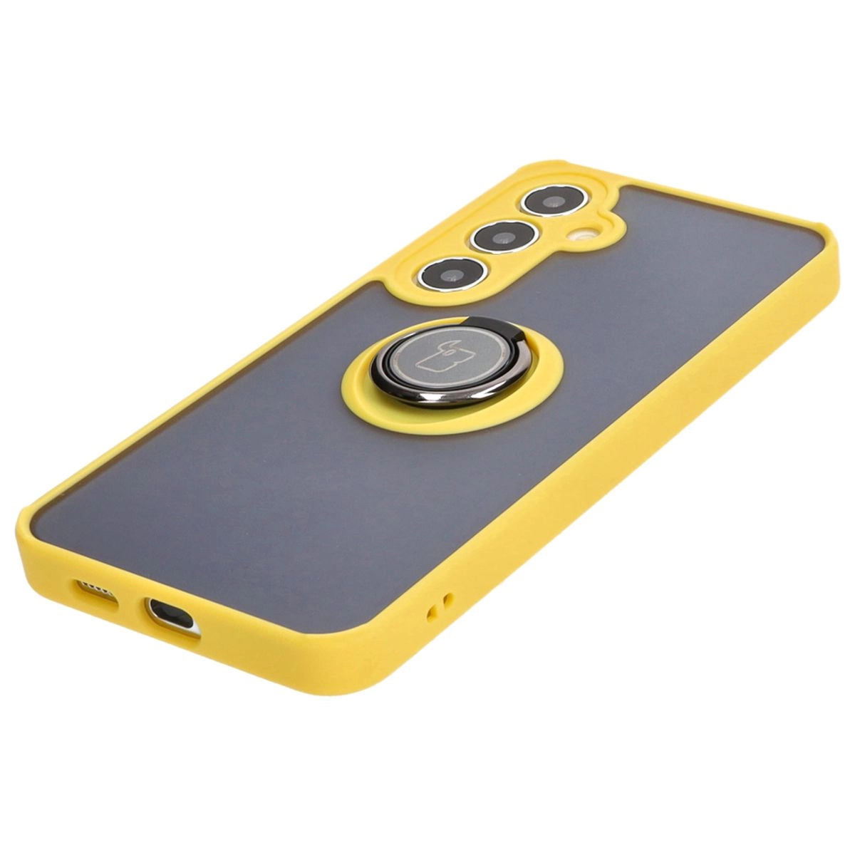Etui Bizon z uchwytem na palec Hybrid Ring do Galaxy S25 Plus / S24 Plus Przydymione z żółtą ramką