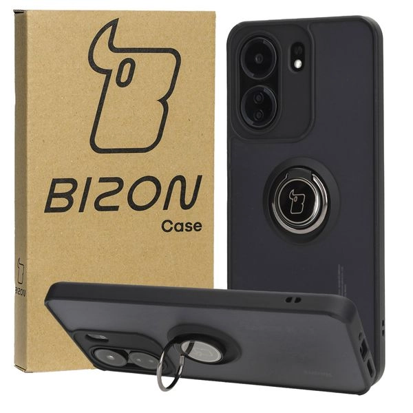 Etui Bizon z uchwytem na palec Hybrid Ring do Xiaomi Redmi 13C / Xiaomi Poco C65 Przydymione z czarną ramką
