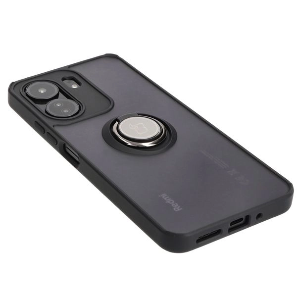 Etui Bizon z uchwytem na palec Hybrid Ring do Xiaomi Redmi 13C / Xiaomi Poco C65 Przydymione z czarną ramką