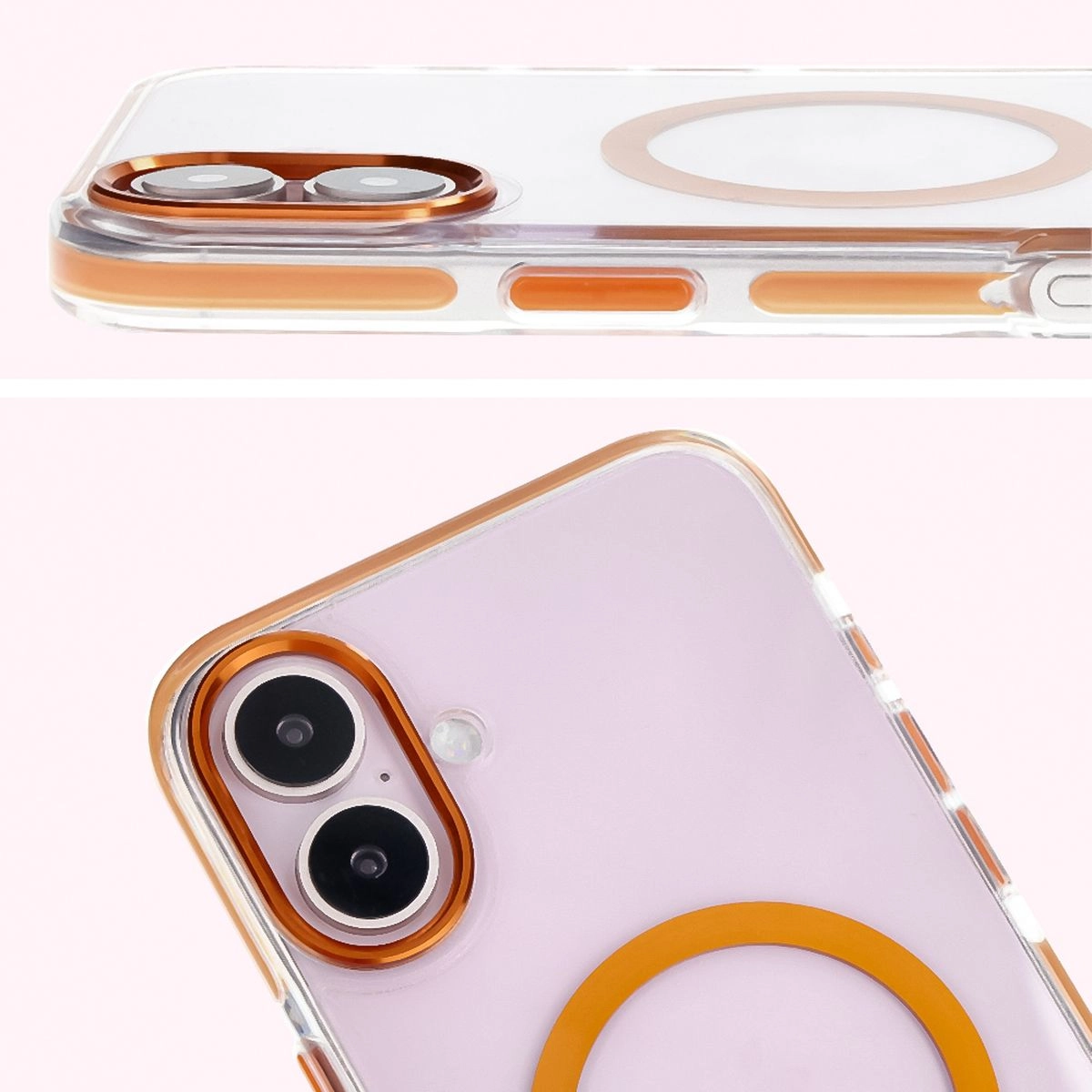 Etui Bizon Marco z MagSafe do iPhone 16 Plus Przezroczyste z pomarańczową ramką