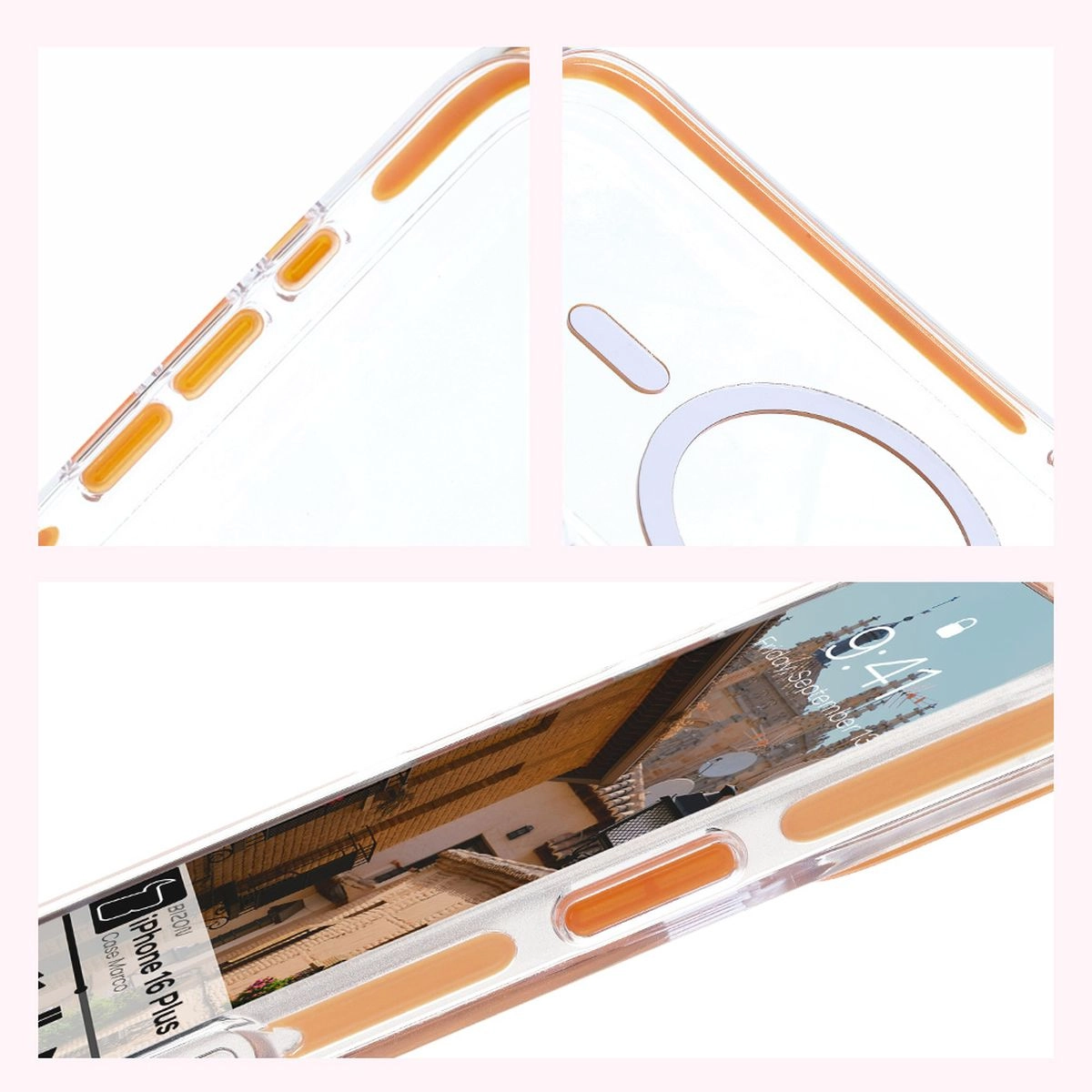Etui Bizon Marco z MagSafe do iPhone 16 Plus Przezroczyste z pomarańczową ramką