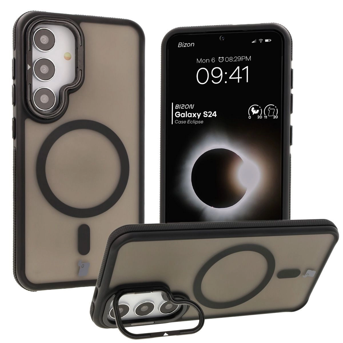 Etui Bizon Eclipse z MagSafe i podstawką do Galaxy S24 Przydymione z czarną ramką