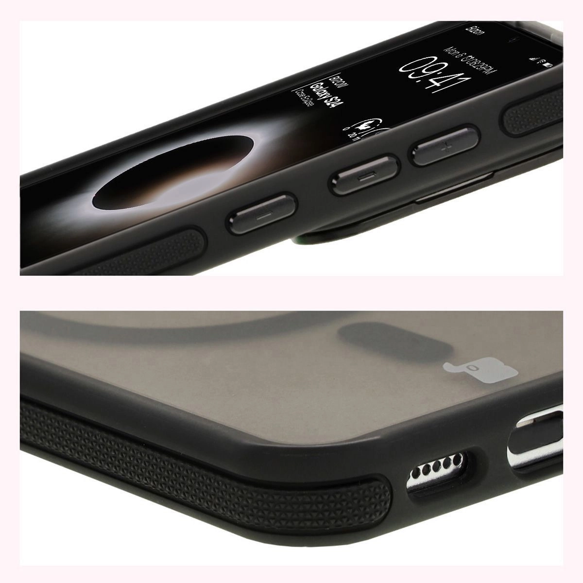 Etui Bizon Eclipse z MagSafe i podstawką do Galaxy S24 Przydymione z czarną ramką