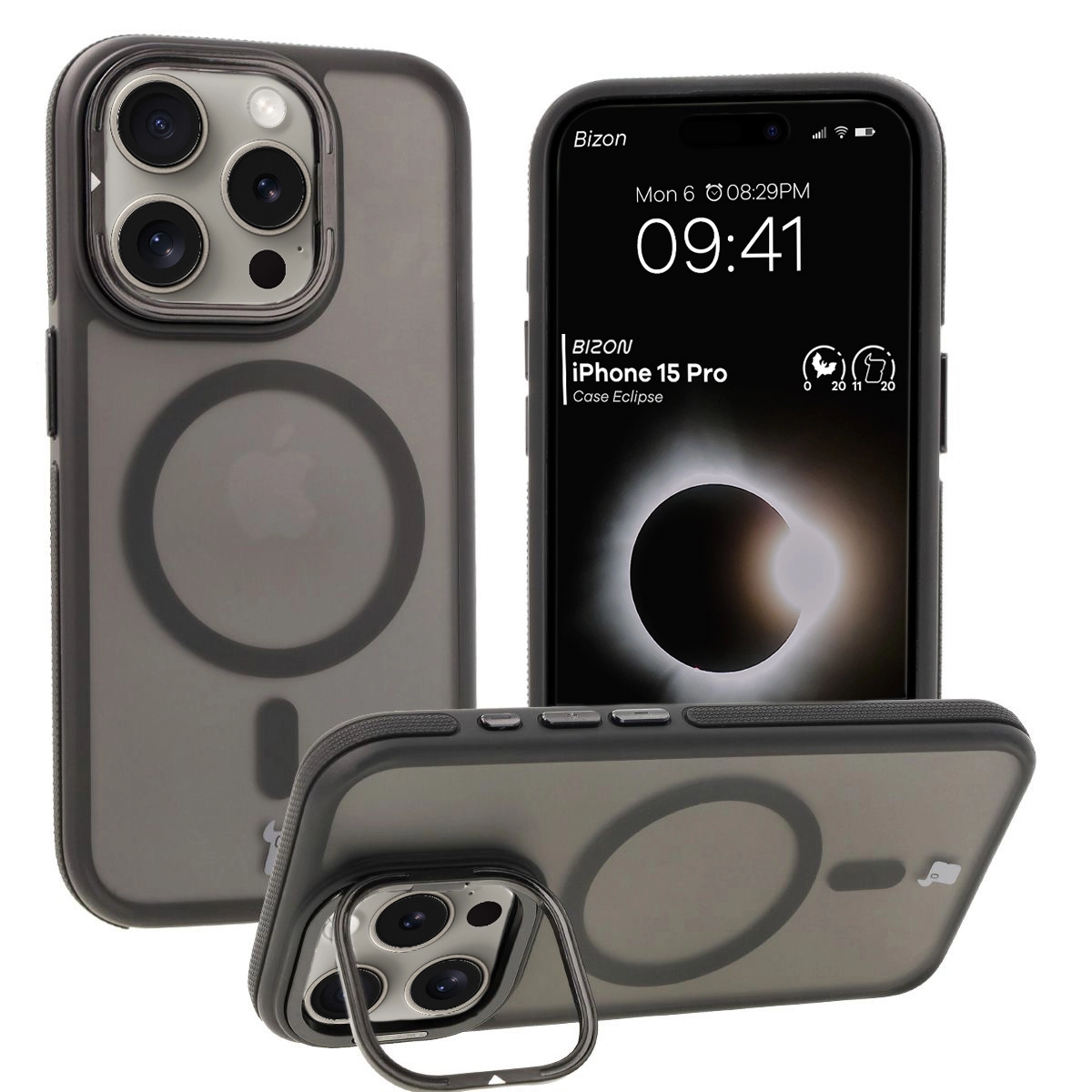 Etui Bizon Eclipse z MagSafe i podstawką do iPhone 15 Pro Przydymione z czarną ramką
