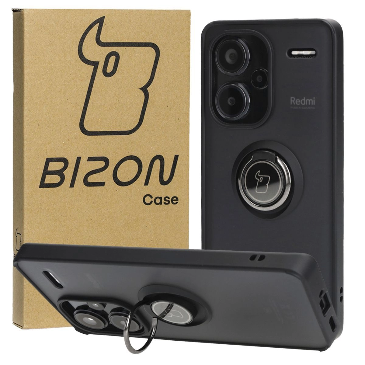 Etui Bizon z uchwytem na palec Hybrid Ring do Xiaomi Redmi Note 13 Pro+ 5G Przydymione z czarną ramką