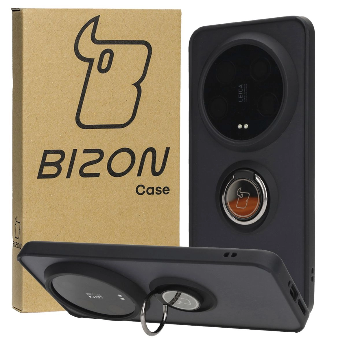 Etui Bizon z uchwytem na palec Hybrid Ring do Xiaomi 14 Ultra Przydymione z czarną ramką