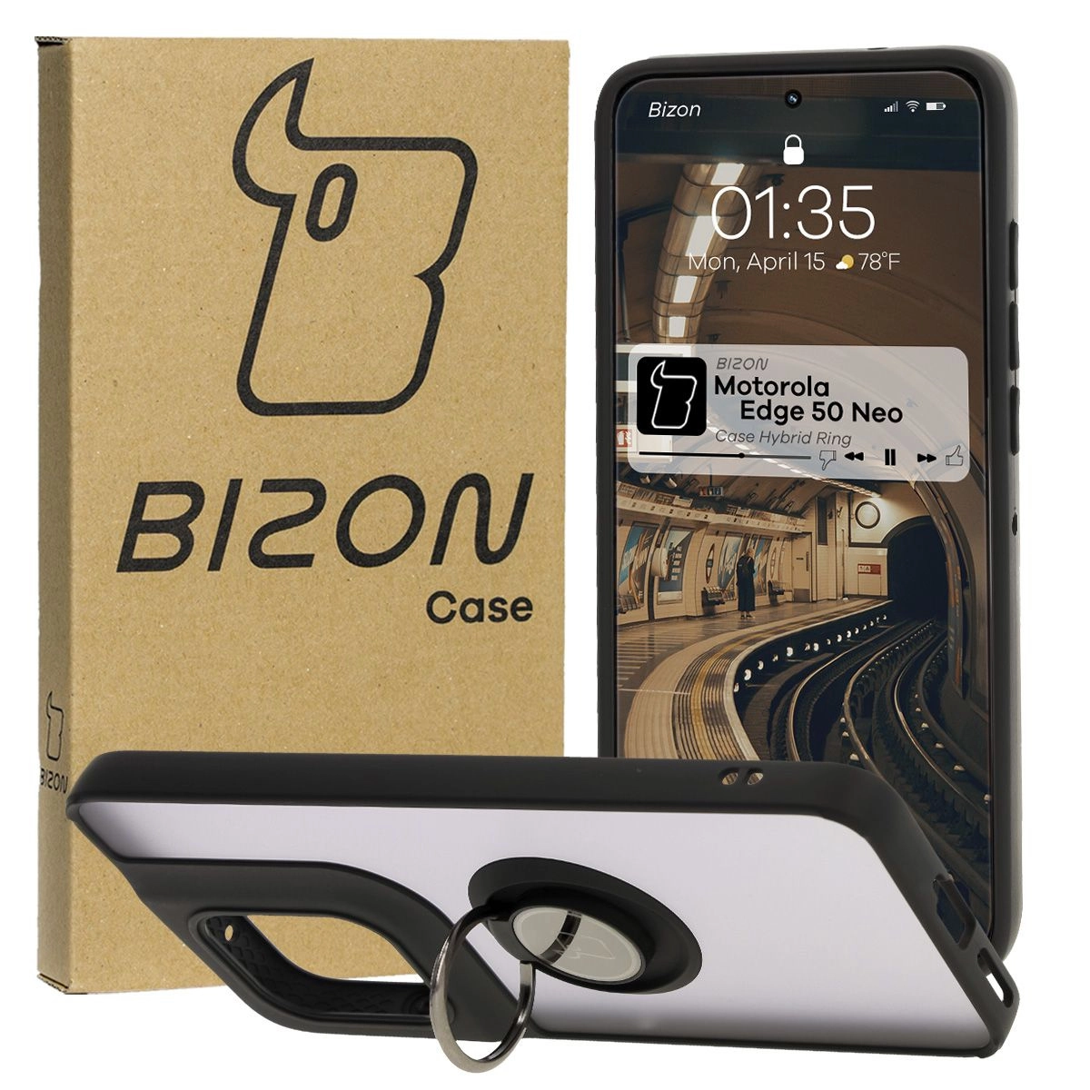 Etui Bizon z uchwytem na palec Hybrid Ring do Motorola Edge 50 Neo Przydymione z czarną ramką