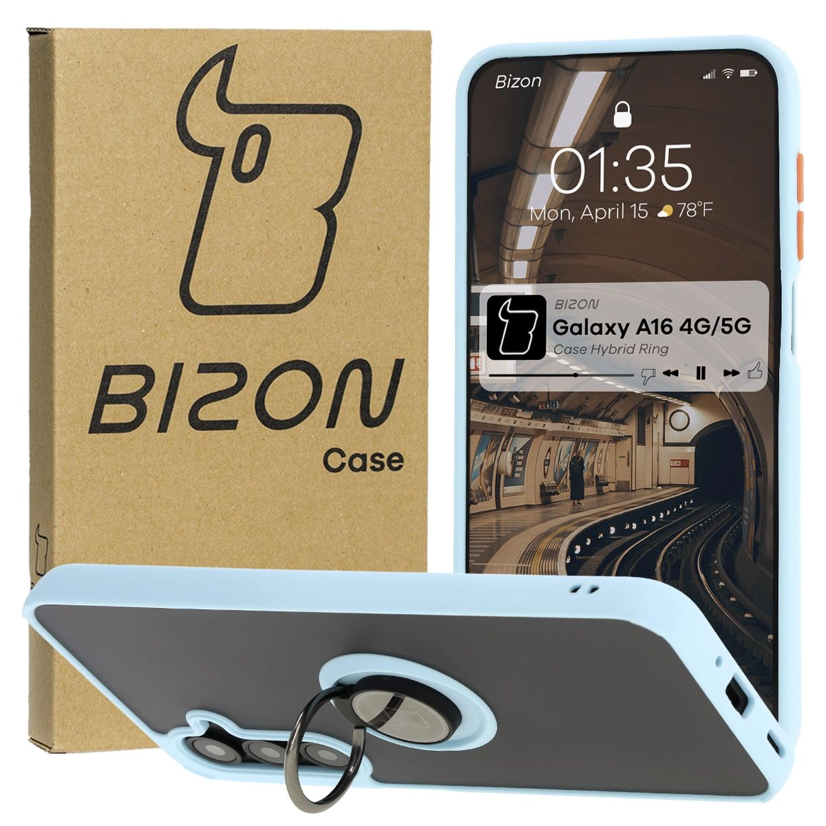 Etui Bizon z uchwytem na palec Hybrid Ring do Galaxy A16 4G/5G Przydymione z jasnoniebieską ramką