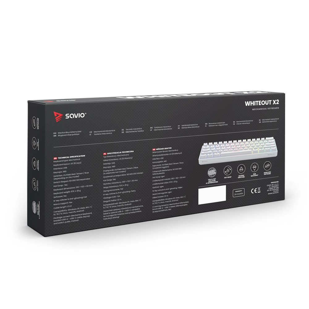 Klawiatura mechaniczna Savio Whiteout X2 Outemu Peach Silent Hot Swap Biały