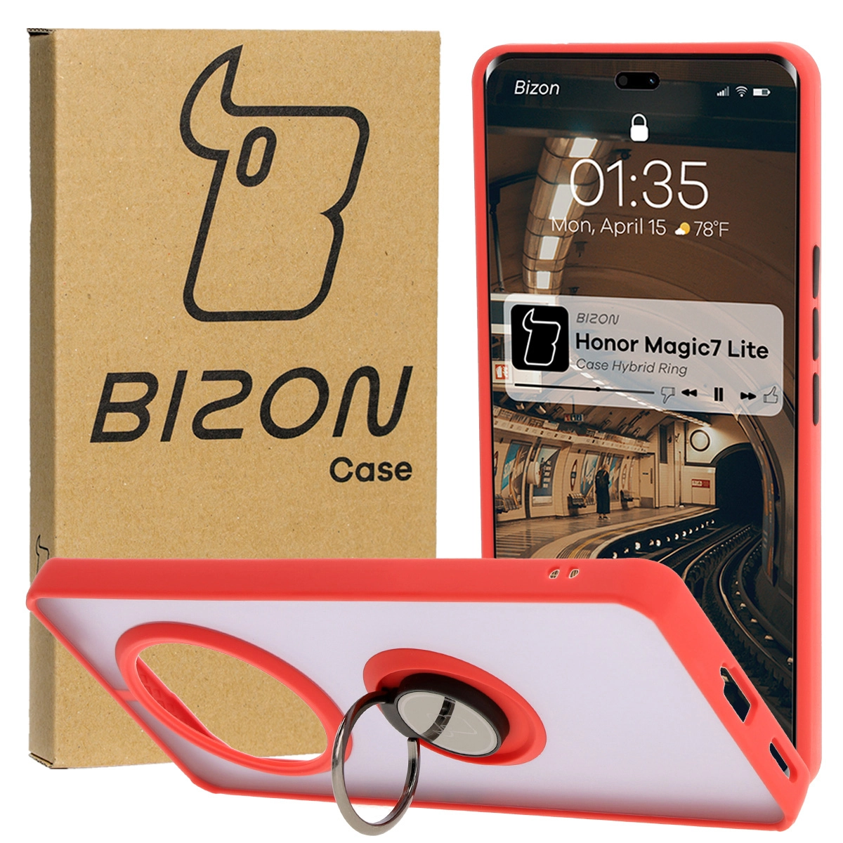Etui Bizon z uchwytem na palec Hybrid Ring do Honor Magic7 Lite Przydymione z czerwoną ramką